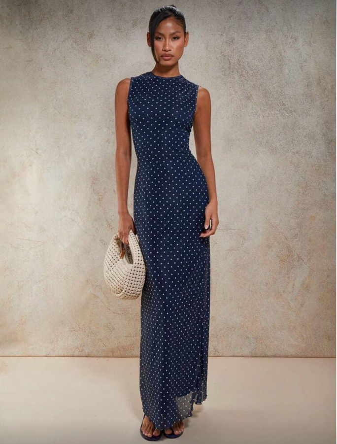 Navy Mesh Polka Dot Dress